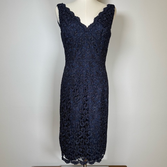 Adrianna Papell Navy Shimmer Embroidered Lace Short Formal Dress Size 4 - Picture 1 of 13